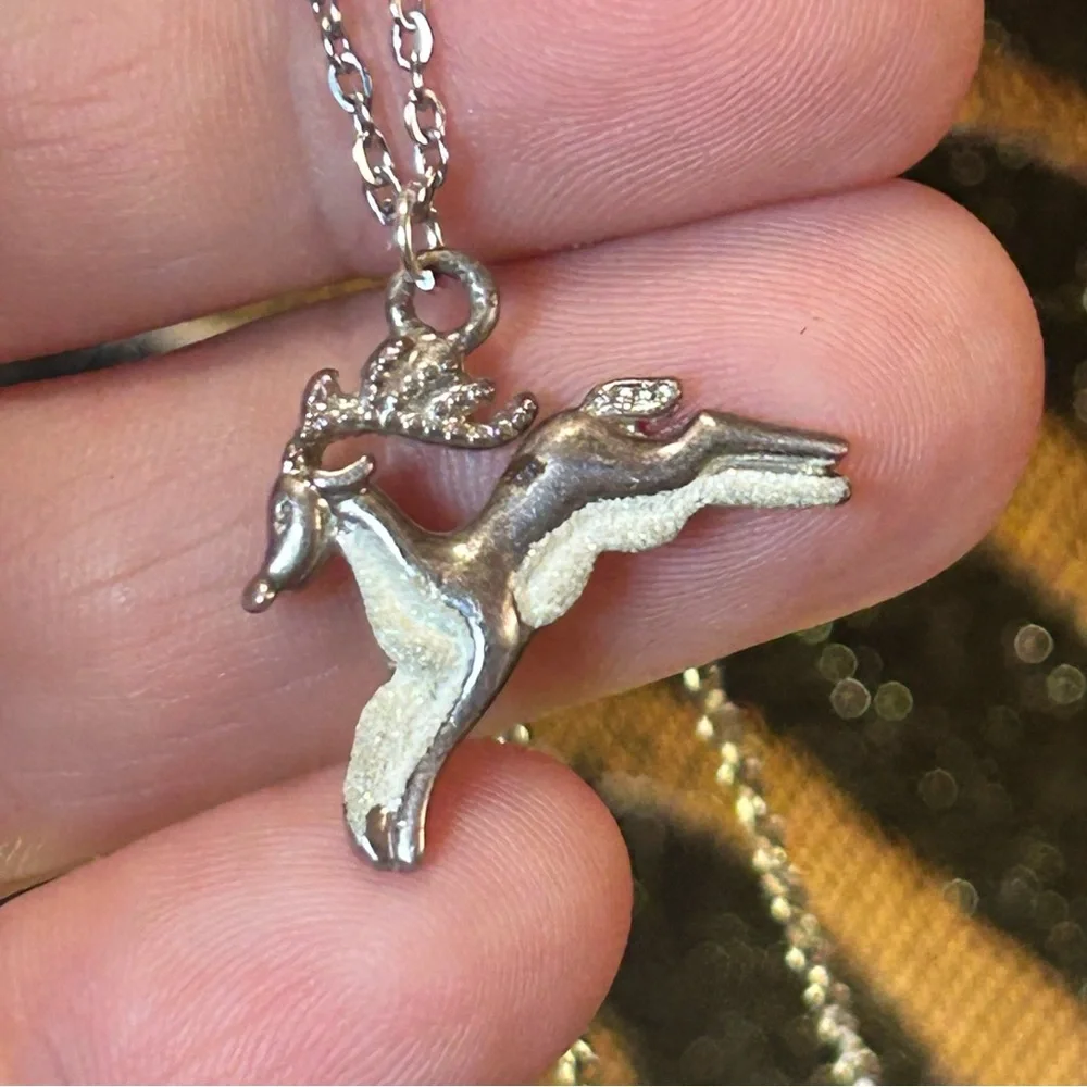 Handcrafted vintage sparkle enamel reindeer pendant on chain necklace